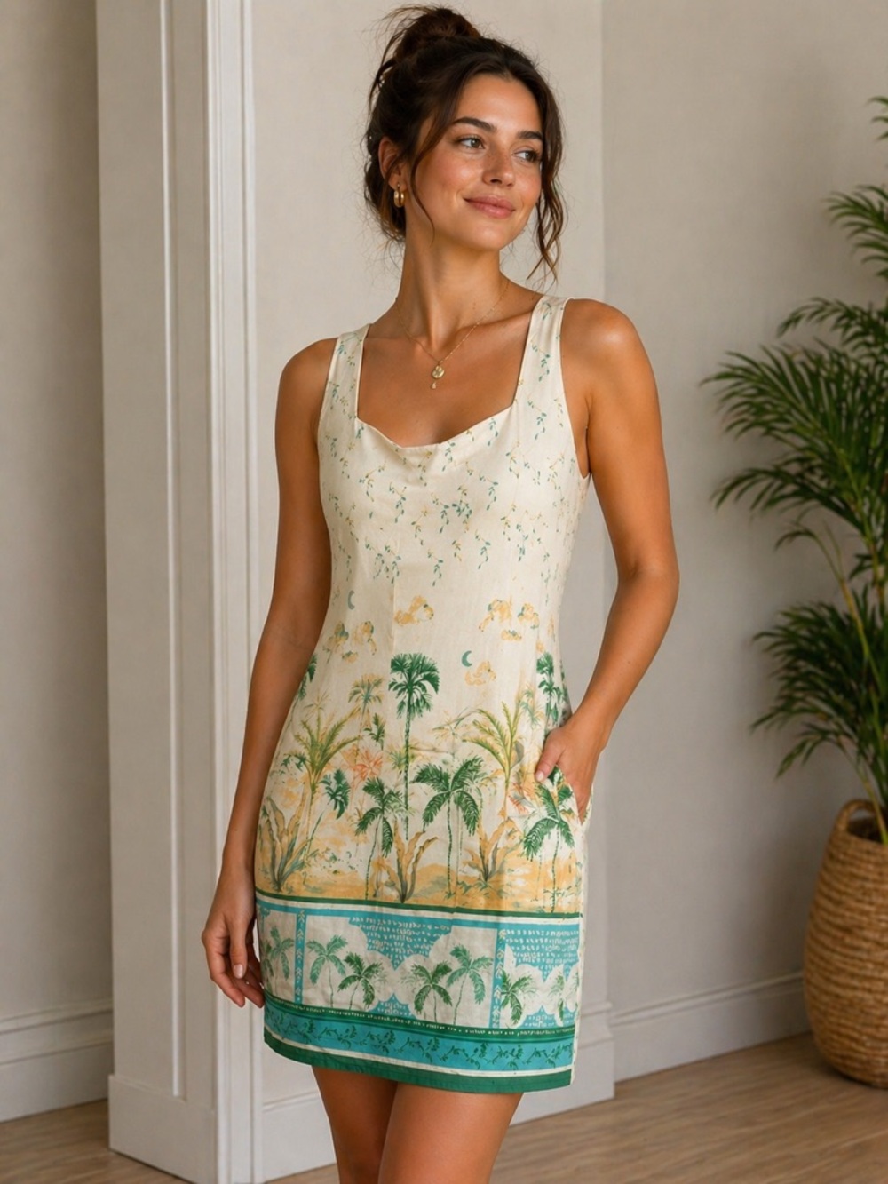 London Times Ivory Tropical Print Mini Dress with Mint Accents size 10
